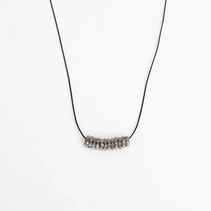 Hand Stitched Tiny Labradorite On Black Silk Cord Necklace