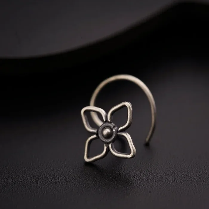 Handmade Silver Flower 4 Petals Nosepin (Pierced)
