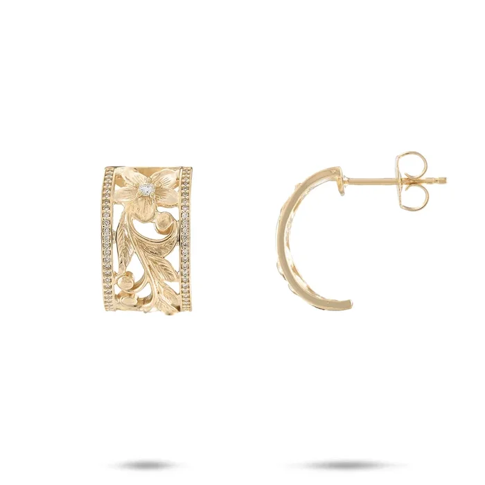 Hawaiian Heirloom Plumeria Scroll Earrings in Gold – 10mm