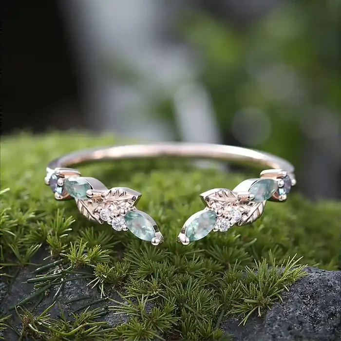 Helloice 0.2CT Marquise Cut Moss Agate & Round Cut Moissanite S925 Silver Wedding Band