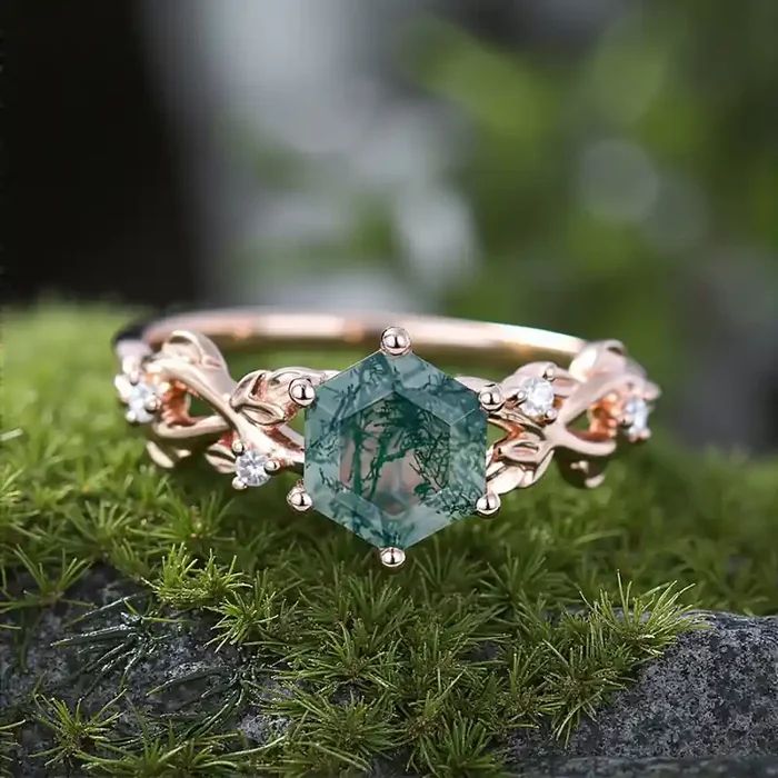 Helloice 1.06CT Hexagon Moss Agate & Round Cut Moissanite S925 Silver Engagement Ring