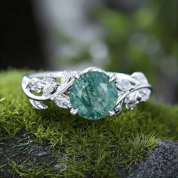 Helloice 1.09CT Round Cut Moss Agate & Marquise Cut Moissanite S925 Silver Engagement Ring