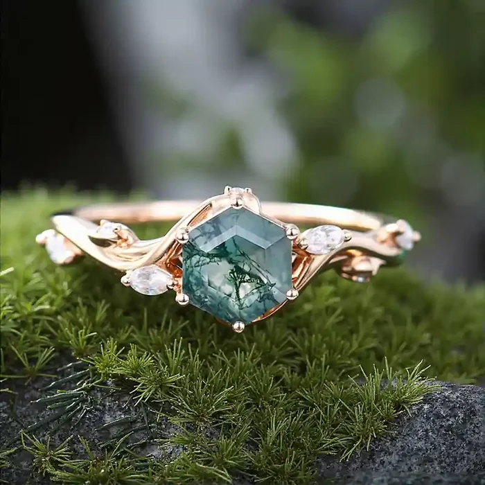 Helloice 1.12CT Hexagon Moss Agate & Marquise Moissanite Nature Inspired S925 Silver Engagement Ring