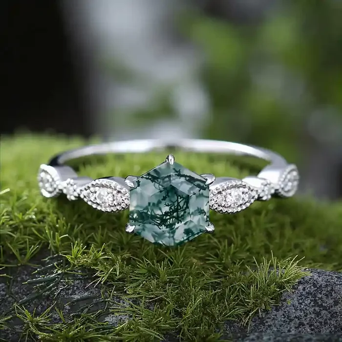 Helloice 1.17CT Hexagon Cut Moss Agate & Round Cut S925 Silver Moissanite Milgrain Design Promise Engagement Ring