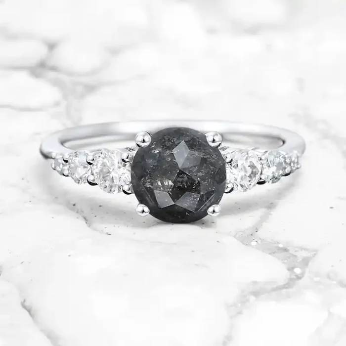 Helloice 1.21CT Round Cut Salt & Pepper Diamond Moissanite Accented S925 Silver Engagement Ring