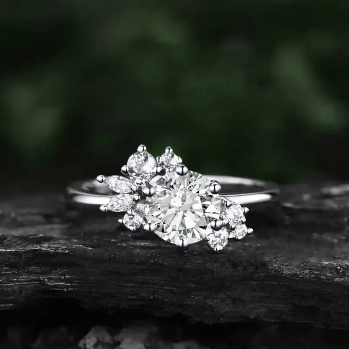 Helloice 1.23CT Round & Marquise Cut VVS Moissanite S925 Silver Engagement Ring