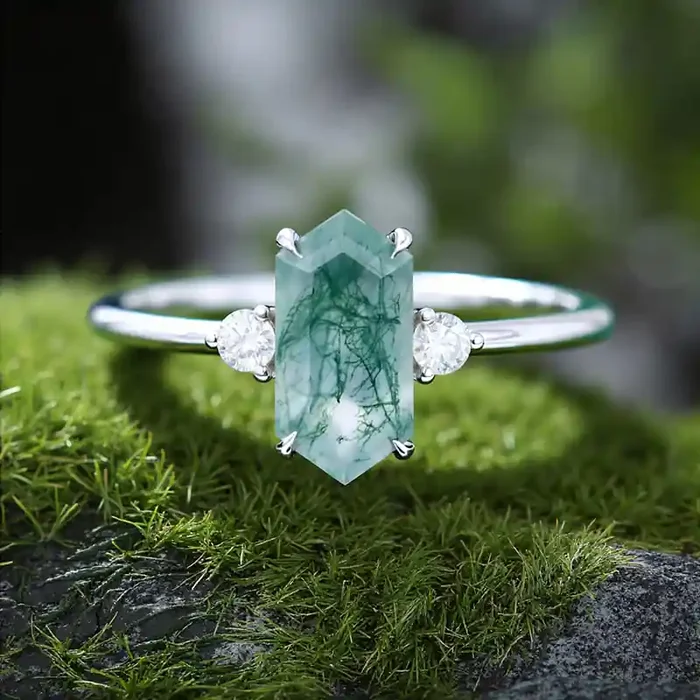 Helloice 1.26CT Elongated Hexagon Cut Moss Agate Three Stone S925 Silver Engagement Ring