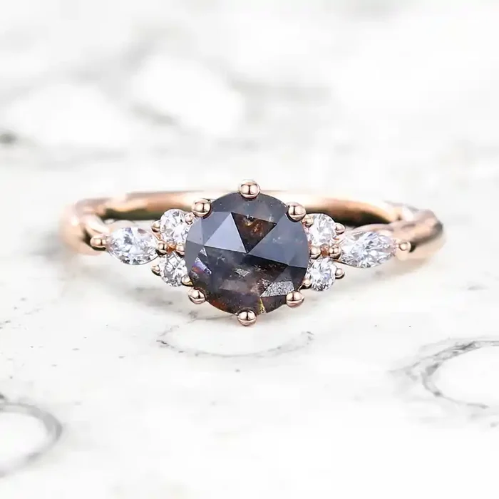 Helloice 1.26CT Round Cut Salt & Pepper Diamond Moissanite Accented S925 Silver Engagement Ring