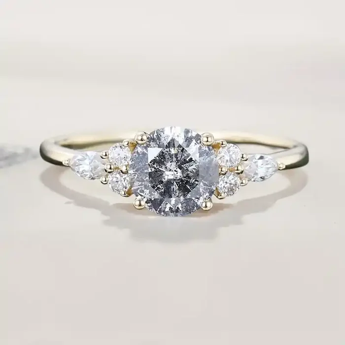 Helloice 1.26CT Round Cut Salt & Pepper Diamond Moissanite Accented S925 Silver Engagement Ring