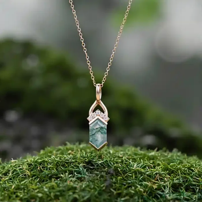 Helloice 1.275CT Elongated Hexagon Cut Moss Agate Fishtail Diamond Accented S925 Silver Pendant Necklace