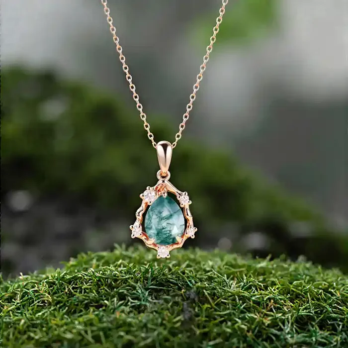 Helloice 1.29CT Pear Cut Moss Agate & Round Cut Moissanite S925 Silver Organic Halo Pendant Necklace