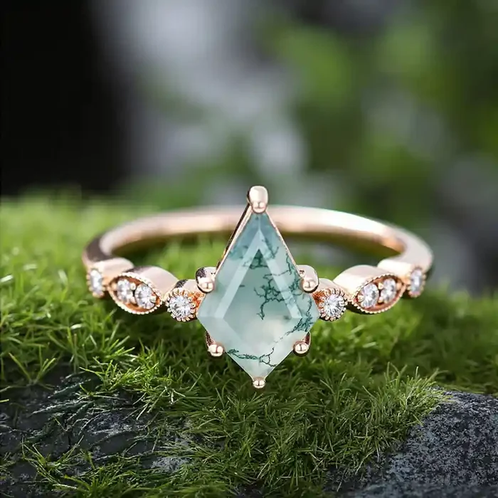 Helloice 1.38CT Kite Cut Moss Agate Milgrain Detailing Promise S925 Silver Engagement Ring
