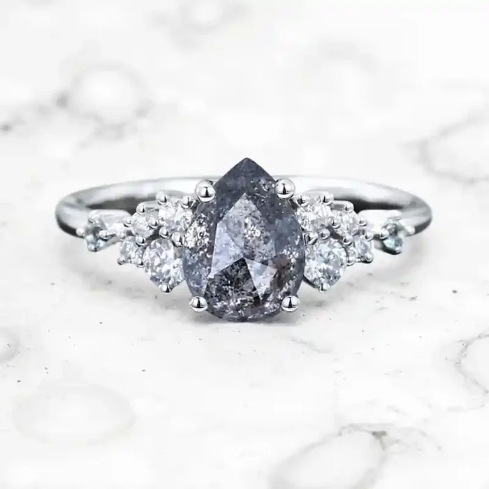 Helloice 1.4CT Pear Cut Salt & Pepper Diamond Cluster Bridal S925 Silver Engagement Ring