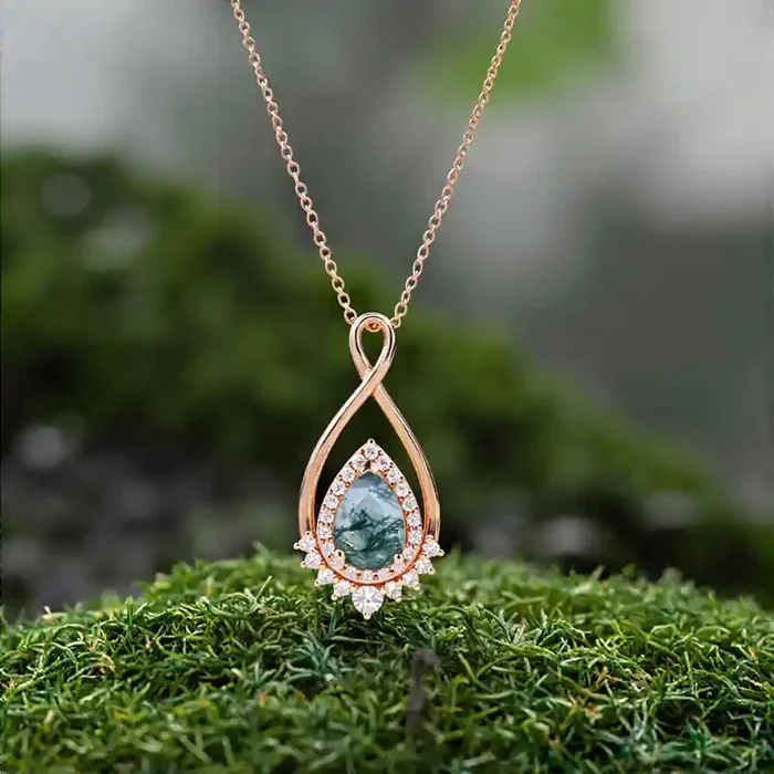 Helloice 1.51CT Pear Cut Moss Agate & Round Cut Moissanite S925 Silver Infinity Pendant Necklace