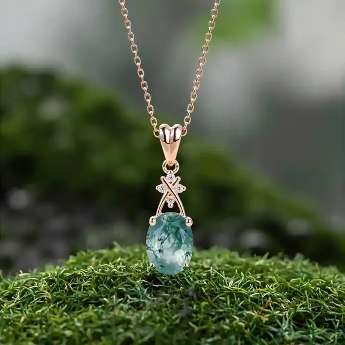 Helloice 1.52CT Oval Cut Moss Agate With Criss Cross Moissanite S925 Silver Pendant Necklace