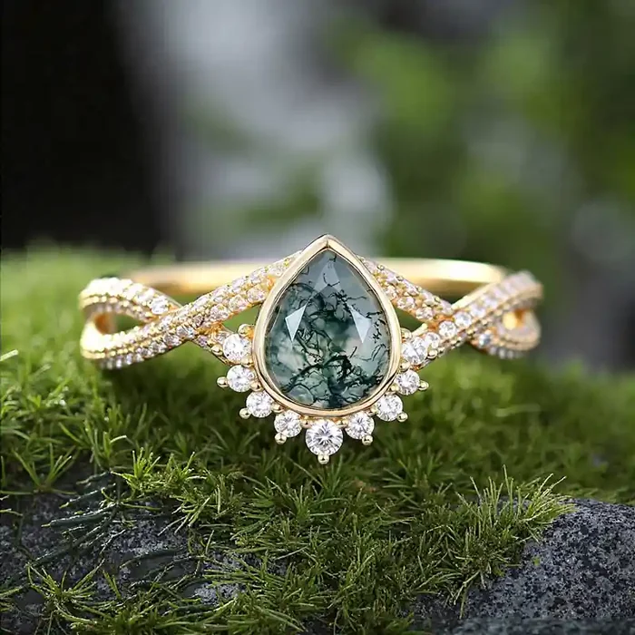 Helloice 1.53CT Pear Cut Moss Agate & Round Cut Moissanite S925 Silver Twisted Pavé Shank Engagement Ring
