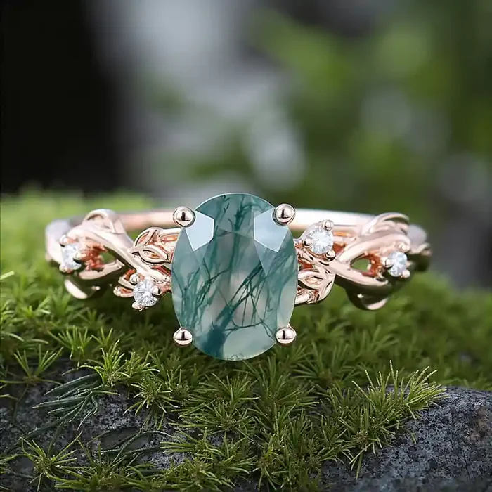 Helloice 1.56CT Navette Flow Oval Cut Moss Agate & Round Cut Moissanite S925 Silver Engagement Ring