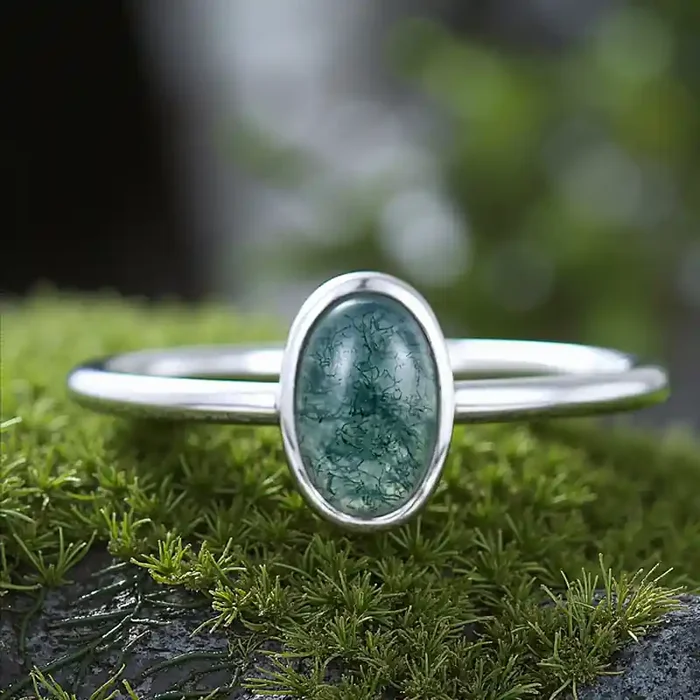 Helloice 1.5CT Oval Cut Moss Agate S925 Silver Bezel Solitaire Engagement Ring