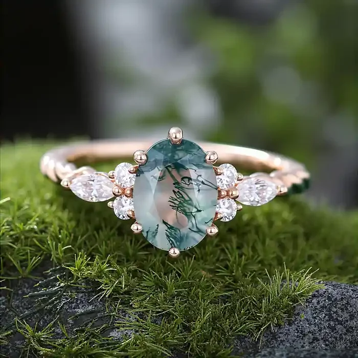 Helloice 1.72CT Oval Cut Moss Agate & Round Cut Moissanite Twisted Band S925 Silver Engagement Ring