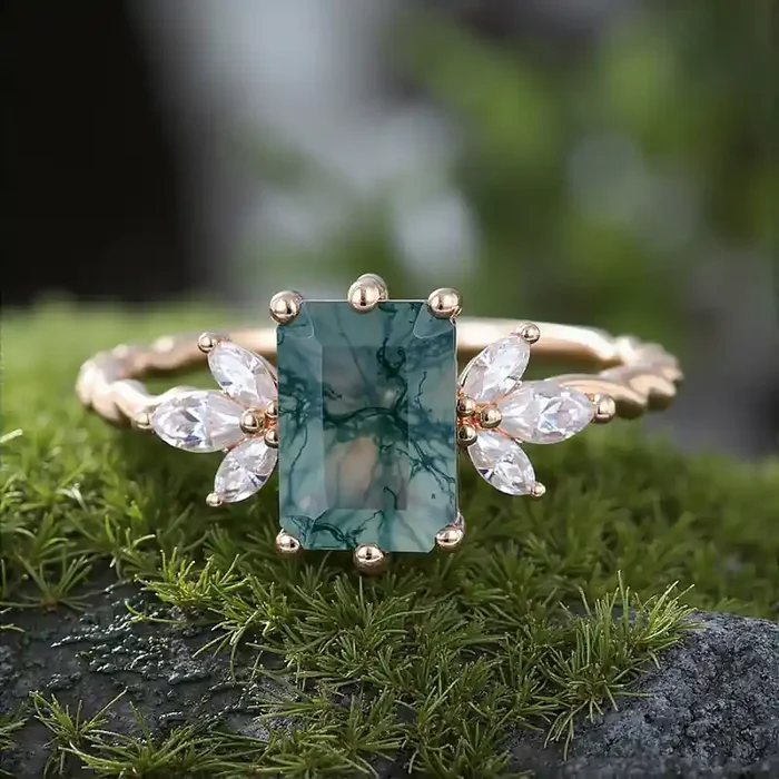 Helloice 1.74CT Emerald Cut Moss Agate & Marquise Cut Moissanite S925 Silver Twisted Band Engagement Ring