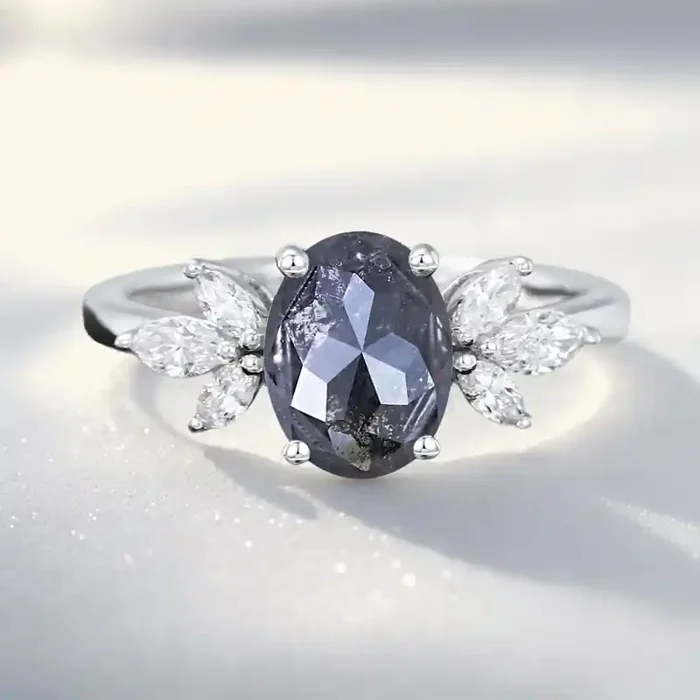 Helloice 1.74CT Oval Cut Salt & Pepper Diamond Marquise Accented Promise S925 Silver Engagement Ring