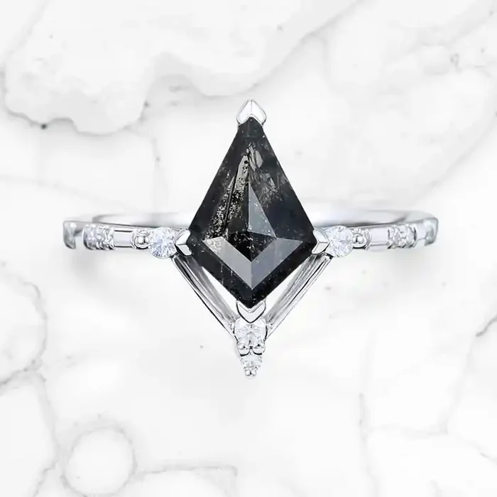 Helloice 1.755CT Kite Cut Salt & Pepper Diamond with Round Cut Moissanite Accented S925 Silver Engagement Ring