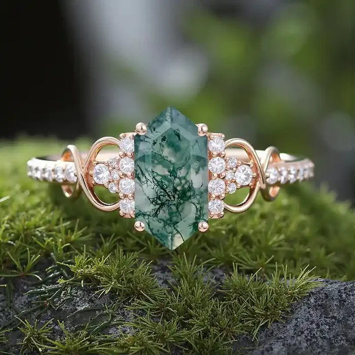 Helloice 1.826CT Elongated Hexagon Cut Moss Agate & Round Cut Moissanite S925 Silver Infinity Promise Engagement Ring