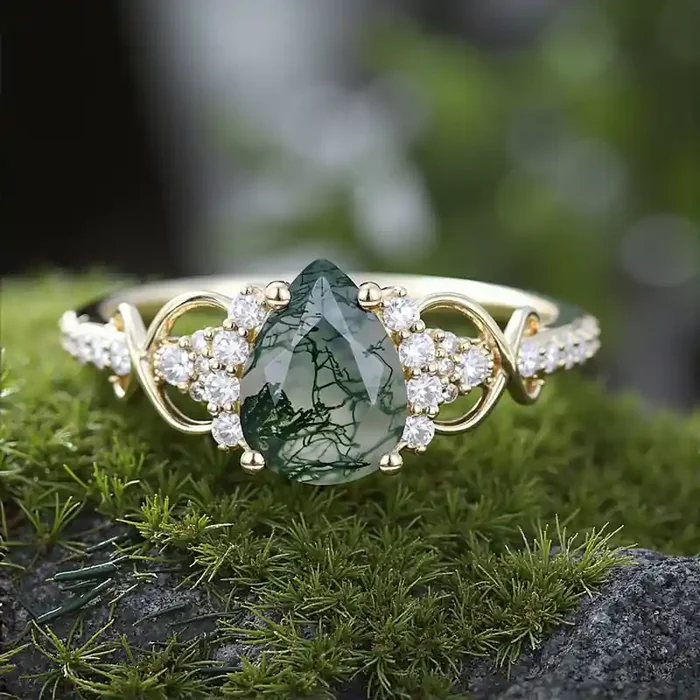 Helloice 1.89CT Pear Cut Moss Agate & Round Cut Moissanite S925 Silver Infinity Promise Engagement Ring