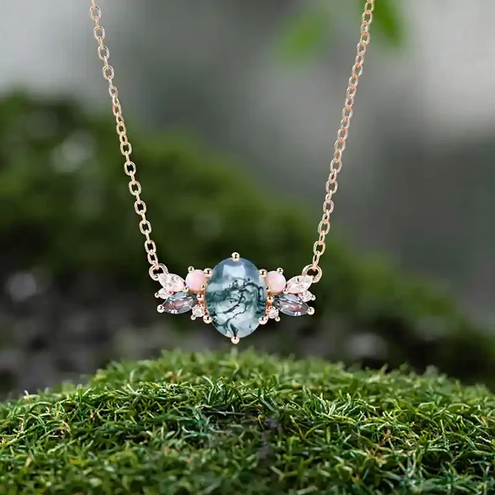 Helloice 1.8CT Oval Cut Moss Agate Multi Gemstone S925 Silver Pendant Necklace