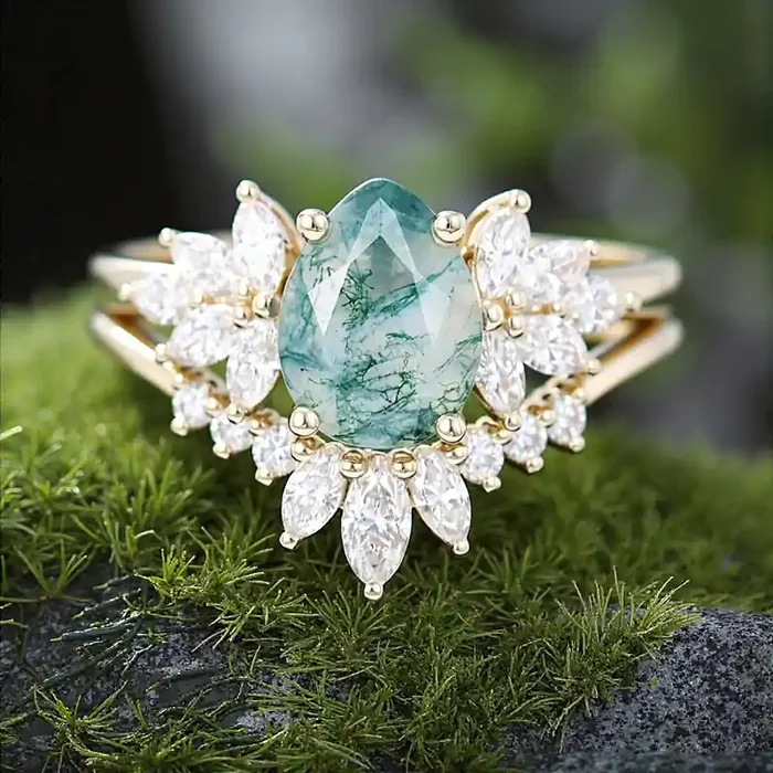 Helloice 1.8CT Pear Cut Moss Agate & Marquise Cut Moissanite S925 Silver Engagement Ring Set