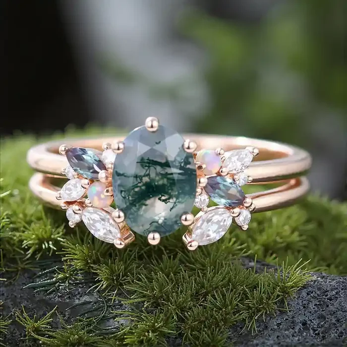 Helloice 1.95CT Oval Cut Moss Agate Mixed Gemstones Cluster Bridal S925 Silver Engagement Ring Set