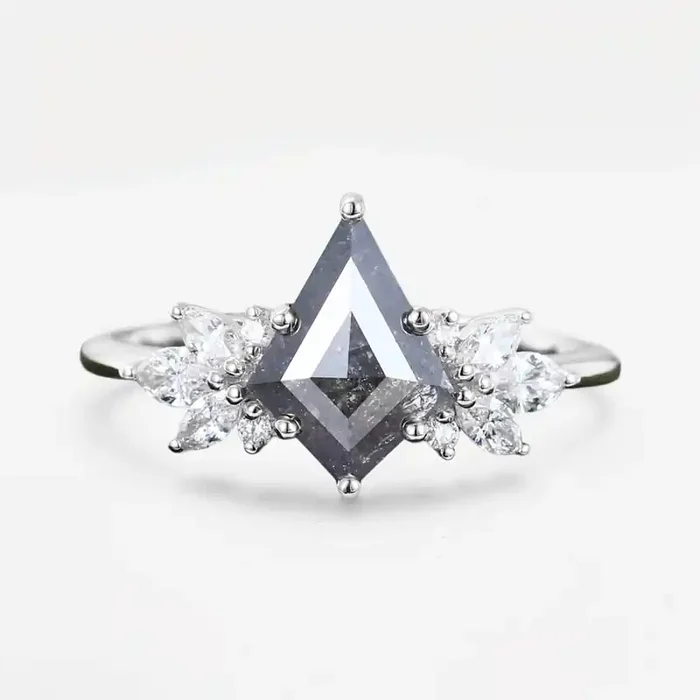 Helloice 1.96CT Kite Cut Salt & Pepper Diamond with Marquise Cut Moissanite Accented S925 Silver Engagement Ring