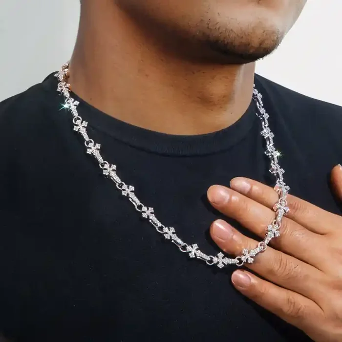 Helloice 11mm 20‘‘ Micro Pave Cross Link Chain in White Gold