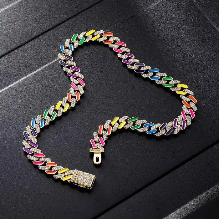 Helloice 11mm Multi-Color Half-Iced Cuban Chain in Gold