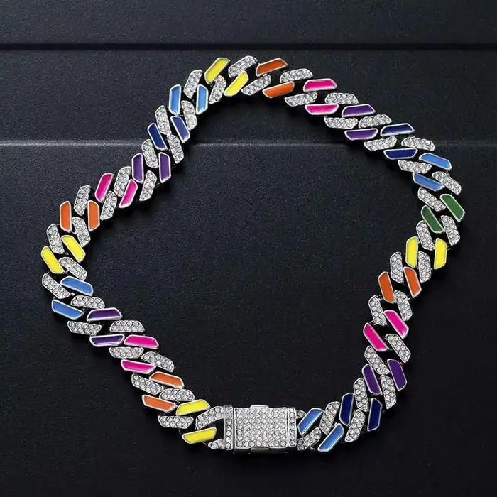 Helloice 11mm Multi-Color Half-Iced Cuban Chain in White Gold