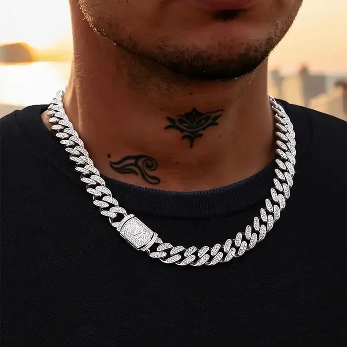 Helloice 12mm 20″ Initial Letter Iced Miami Cuban Chain in White Gold
