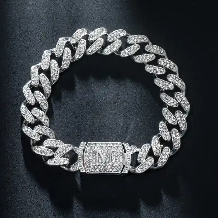 Helloice 12mm 8″ Initial Letter Iced Miami Cuban Bracelet in White Gold