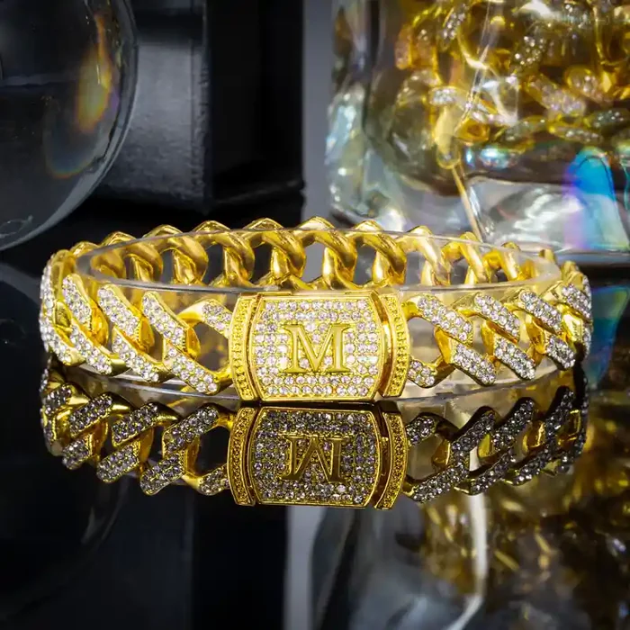 Helloice 12mm 8″ Initial Letter Iced Prong Cuban Bracelet in Gold