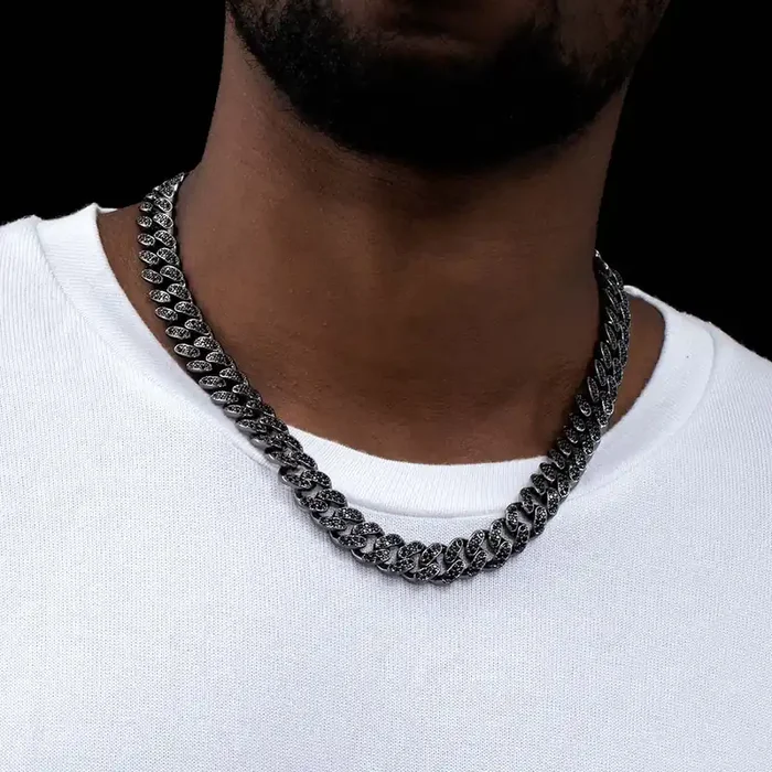 Helloice 12mm Black Iced Miami Cuban Link Chain
