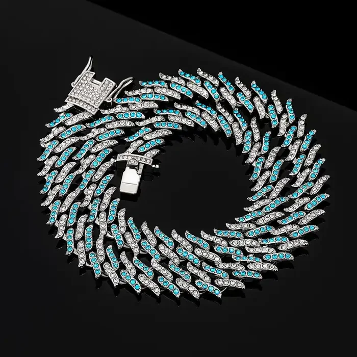 Helloice 14mm Blue&White Iced Spiked Cuban Chain in White Gold