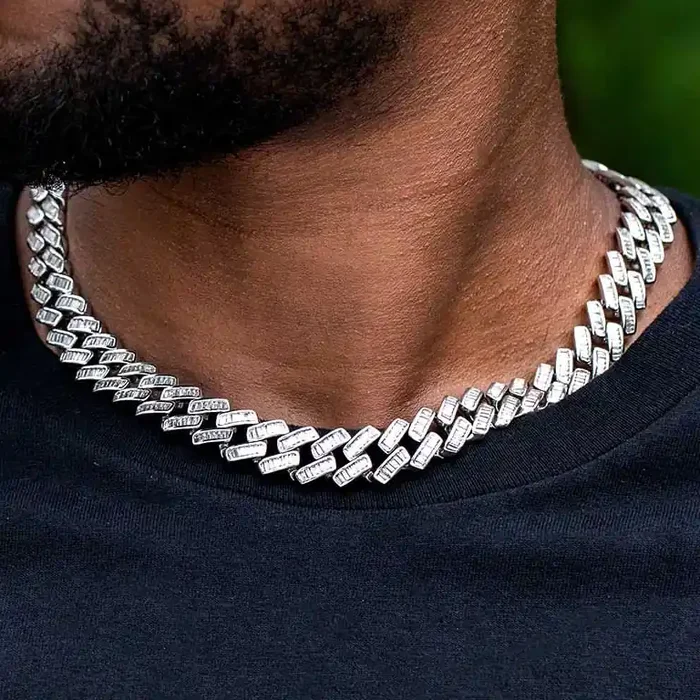 Helloice 14mm Prong Baguette Cut Box Clasp Cuban Chain in White Gold