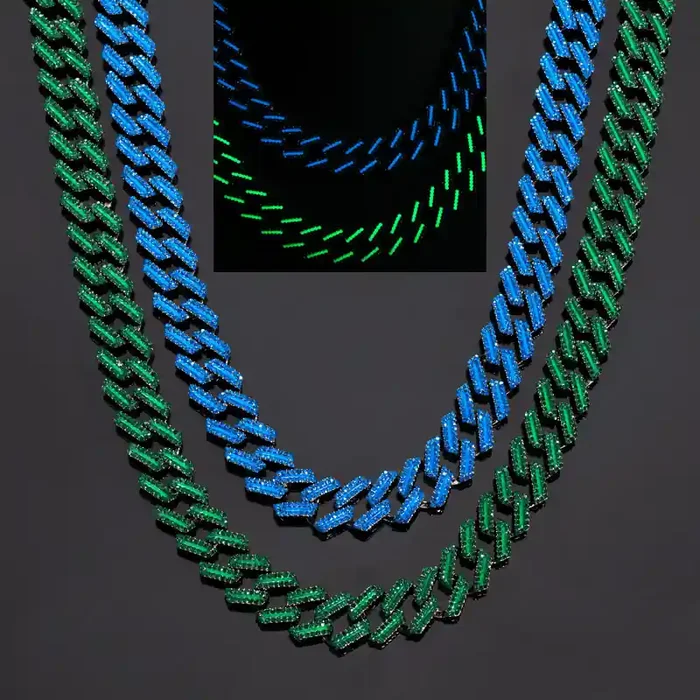 Helloice 15mm Iced Glow in the Dark Green/Blue Enamel Miami Cuban Chain in Black Gold