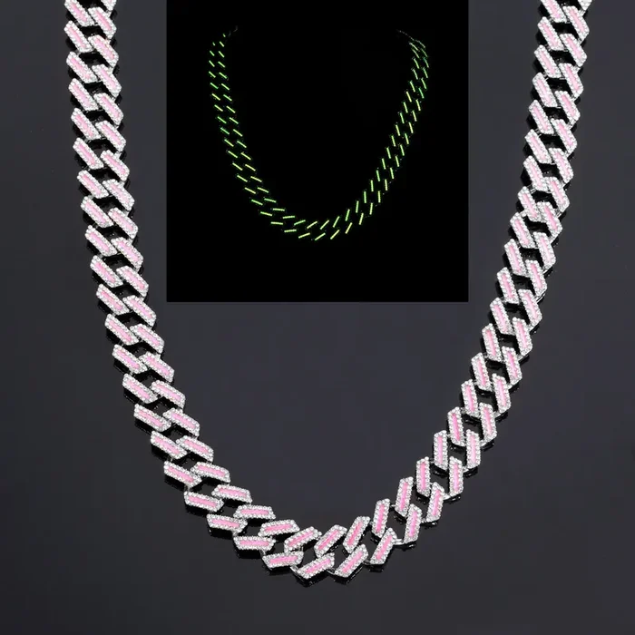 Helloice 15mm Iced Glow in the Dark Pink Enamel Miami Cuban Chain