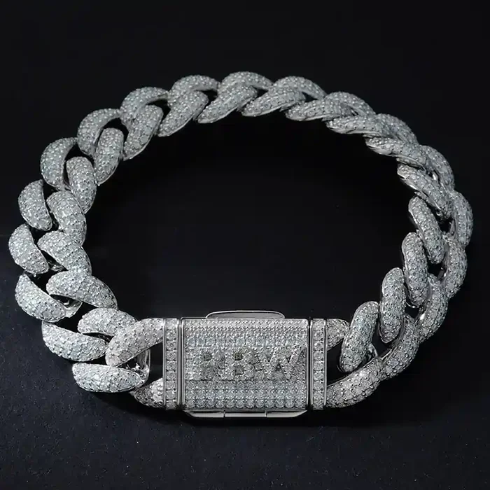 Helloice 15mm Moissanite S925 Silver Cuban Link Bracelet with Custom Name Box Clasp