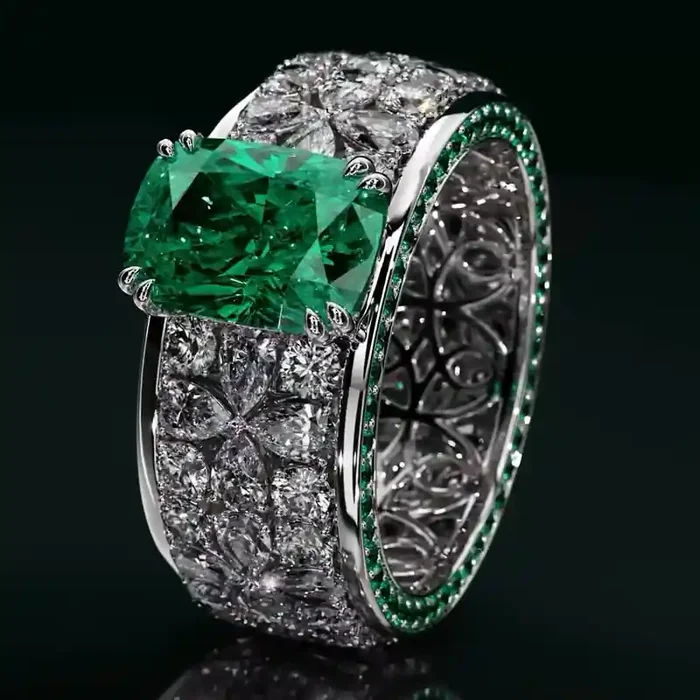 Helloice 18.18CT Luxurious Green Cushion Cut Gemstone Encrusted Wedding Band