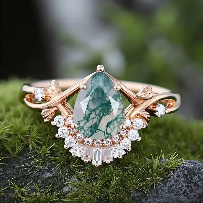Helloice 2.1CT Pear Cut Moss Agate & Round Cut Moissanite S925 Silver With Twisted Twig Shank Engagement Ring