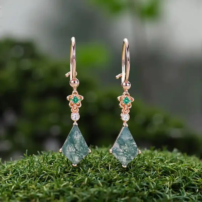 Helloice 2.58CT Kite Cut Moss Agate & Round Cut Moissanite Floral Emerald Accented S925 Silver Earrings