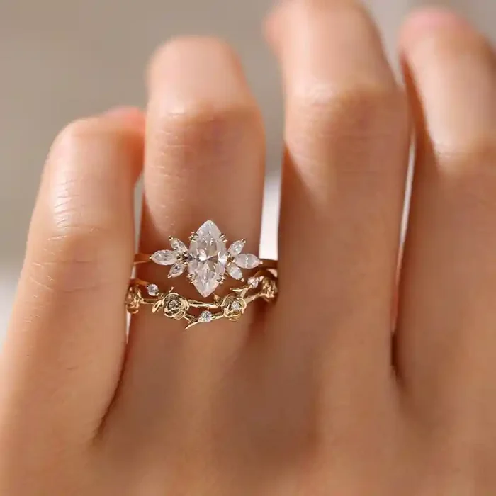 Helloice 2.8CT Marquise Cut with Floral Accents VVS Moissanite Engagement Ring Set