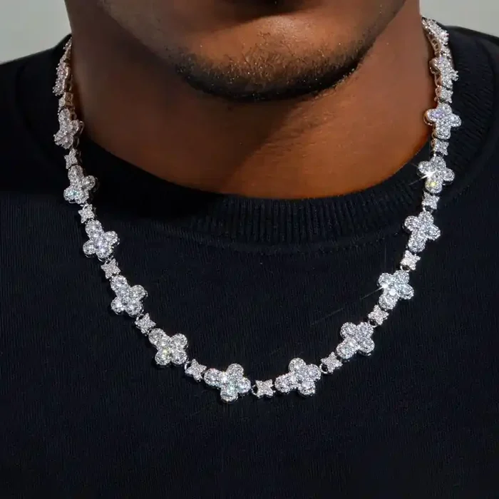 Helloice 20‘‘ Cross Stationed Star Link Tennis Chain in White Gold