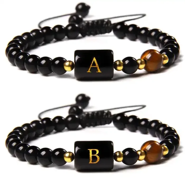 Helloice 26 Initial Letter Black Obsidian Tiger Eye Stone Braided Bracelet